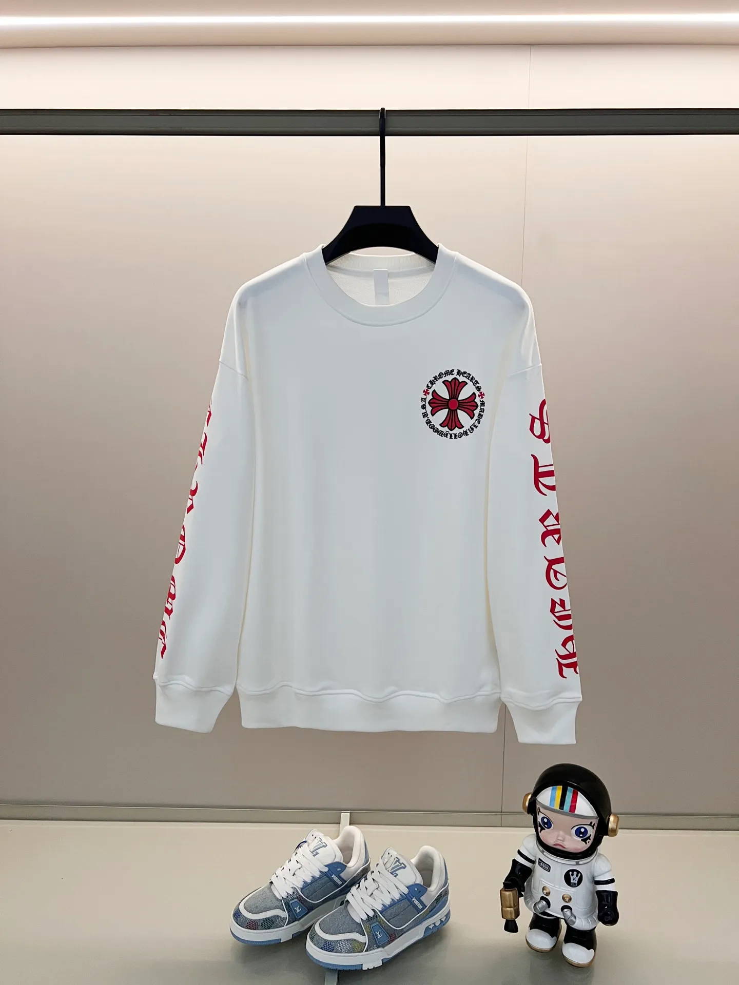 🅿️250 chrome hearts/Chrome Hearts 420g pure cotton round neck sweatshirt, front and back sleeves with cross Sanskrit letters large printed LOGO, official synchronization, 1:1 original mold opening, fashion personality, versatile trend, pure original quality, original washed fabric, tag, collar label, washed wheat, three complete labels, color: black, white. Size: XS-L